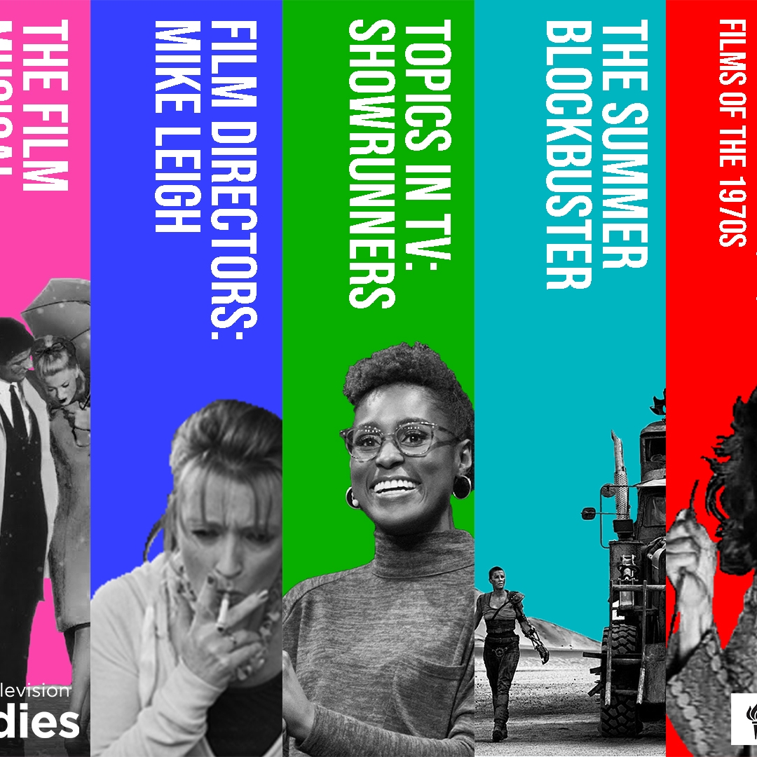 image of each of the Cinema Studies summer courses, each separated by different colored backgrounds and film and tv characters and actors. 